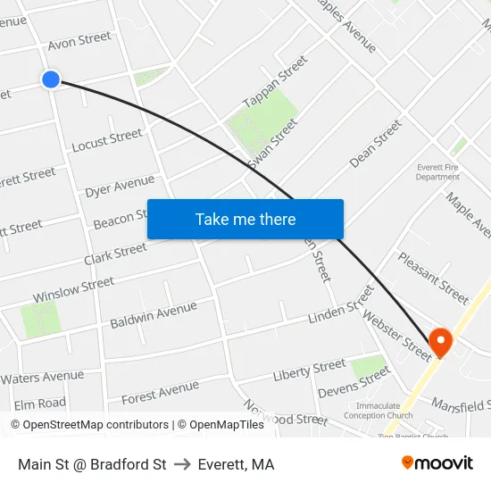 Main St @ Bradford St to Everett, MA map