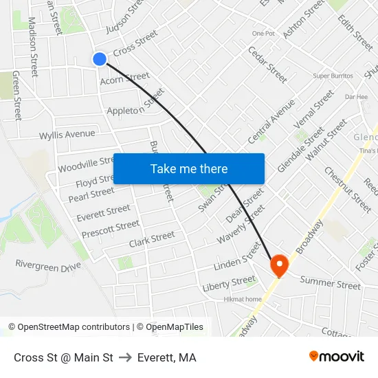 Cross St @ Main St to Everett, MA map