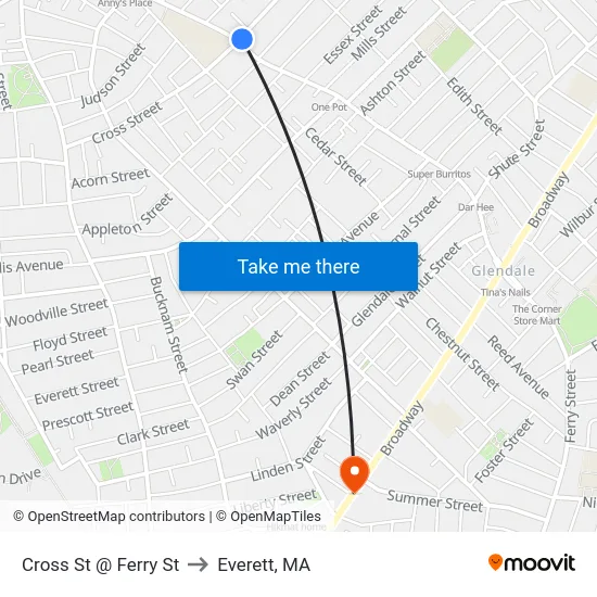 Cross St @ Ferry St to Everett, MA map