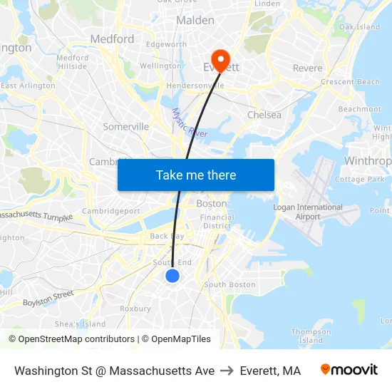 Washington St @ Massachusetts Ave to Everett, MA map
