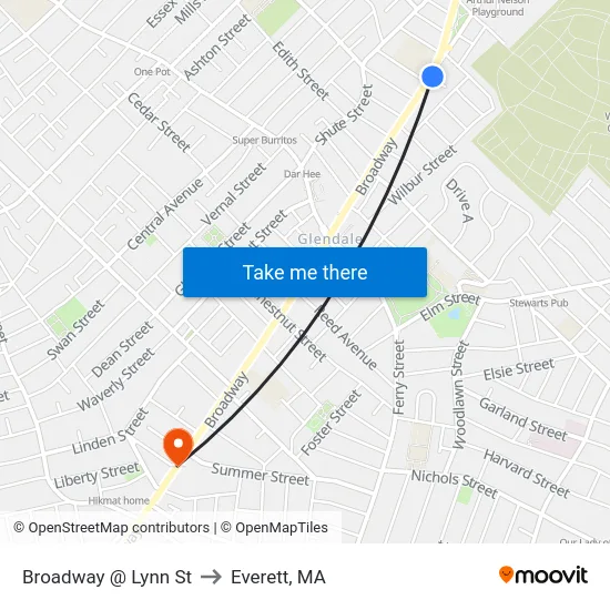 Broadway @ Lynn St to Everett, MA map