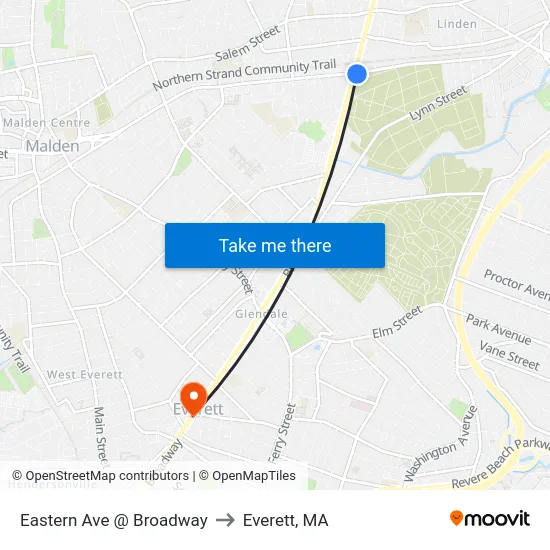 Eastern Ave @ Broadway to Everett, MA map