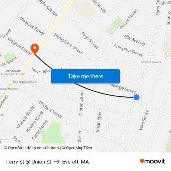 Ferry St @ Union St to Everett, MA map