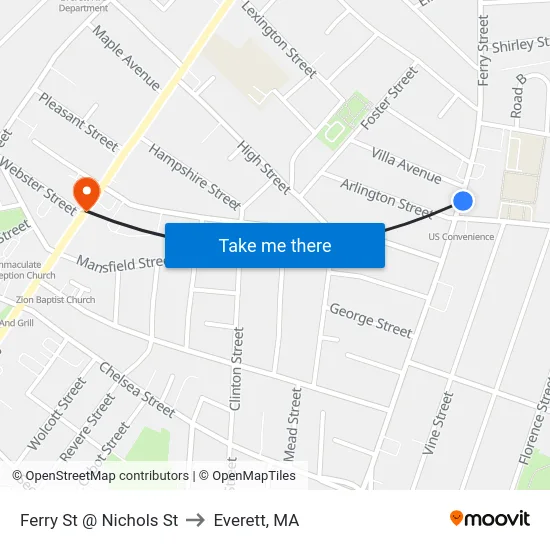 Ferry St @ Nichols St to Everett, MA map