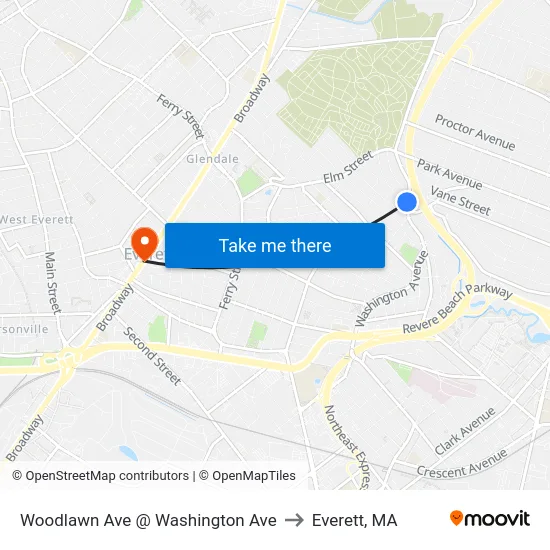 Woodlawn Ave @ Washington Ave to Everett, MA map