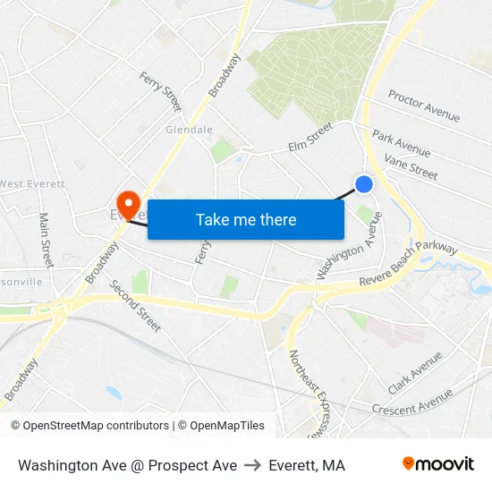 Washington Ave @ Prospect Ave to Everett, MA map