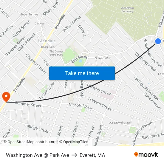 Washington Ave @ Park Ave to Everett, MA map