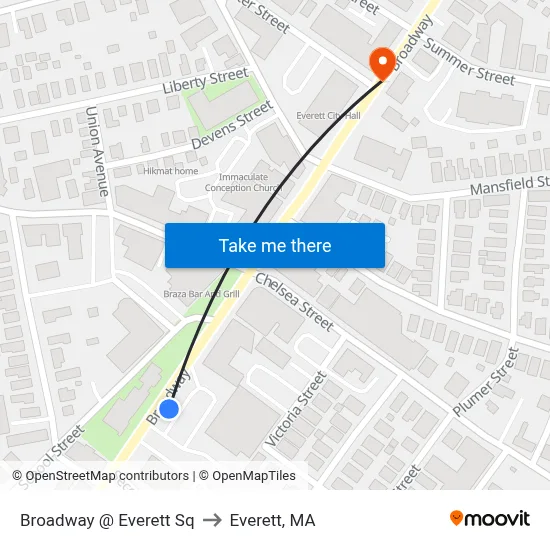 Broadway @ Everett Sq to Everett, MA map