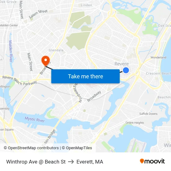 Winthrop Ave @ Beach St to Everett, MA map