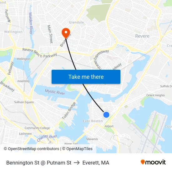 Bennington St @ Putnam St to Everett, MA map