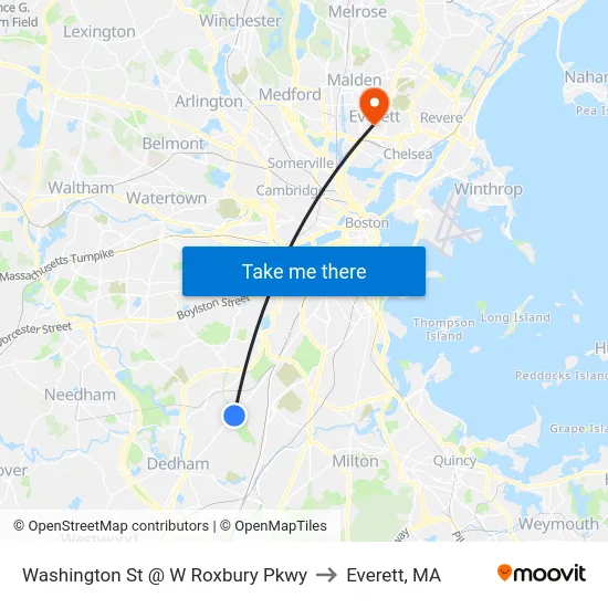 Washington St @ W Roxbury Pkwy to Everett, MA map