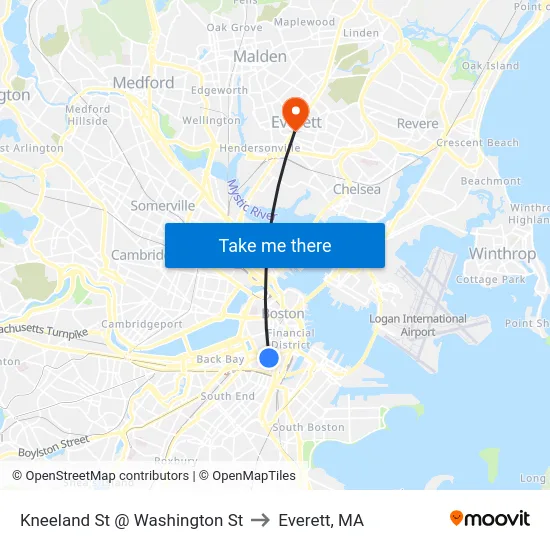 Kneeland St @ Washington St to Everett, MA map