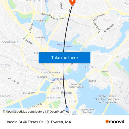 Lincoln St @ Essex St to Everett, MA map