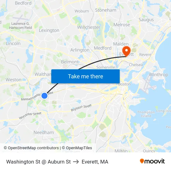 Washington St @ Auburn St to Everett, MA map