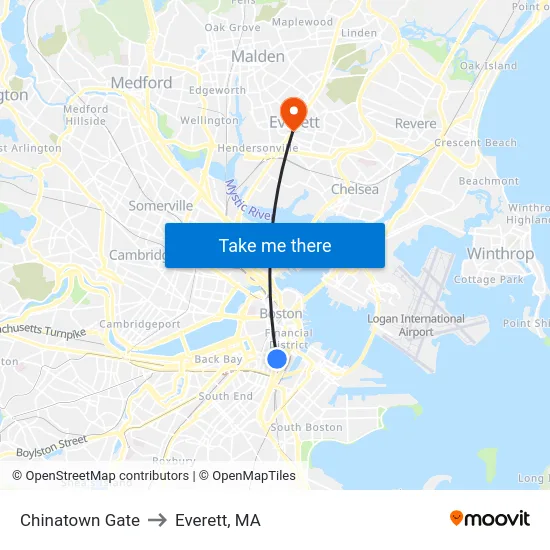 Chinatown Gate to Everett, MA map
