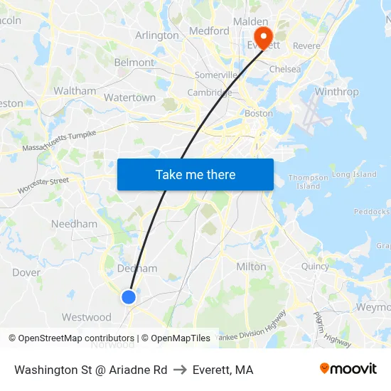 Washington St @ Ariadne Rd to Everett, MA map