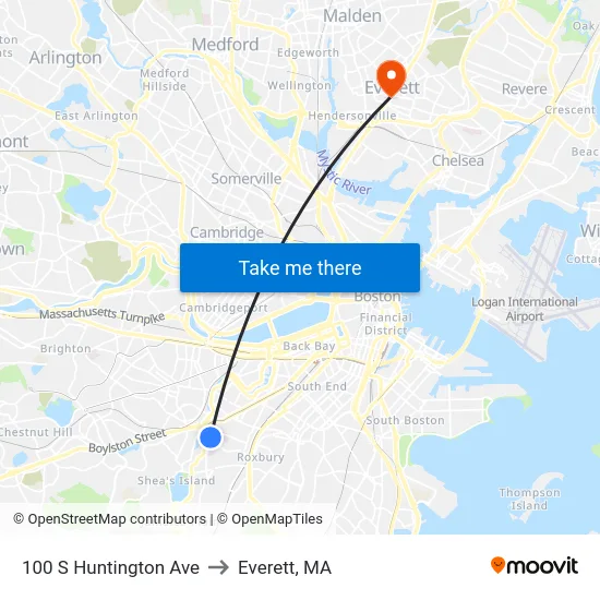 100 S Huntington Ave to Everett, MA map