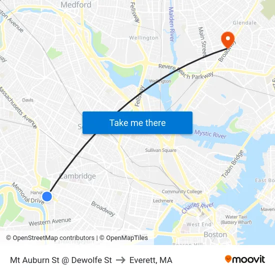 Mt Auburn St @ Dewolfe St to Everett, MA map