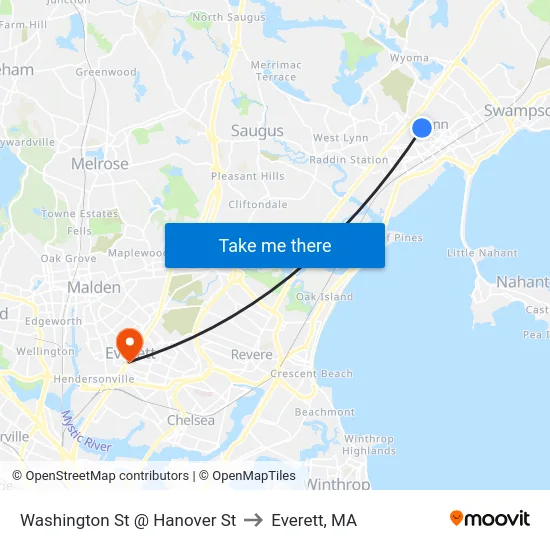 Washington St @ Hanover St to Everett, MA map