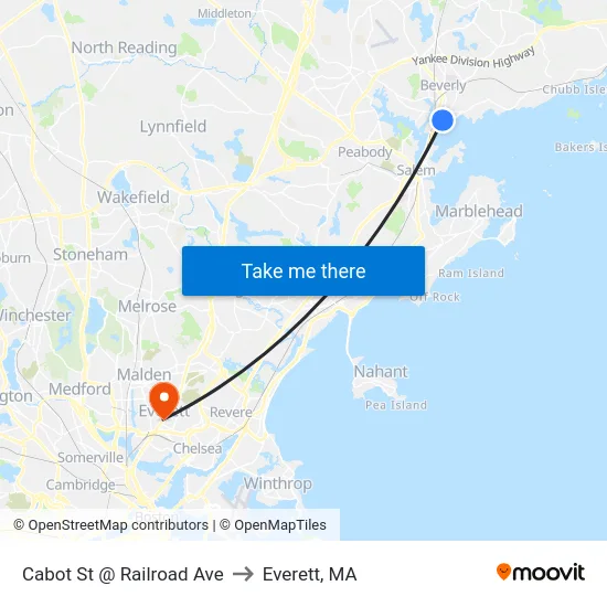 Cabot St @ Railroad Ave to Everett, MA map