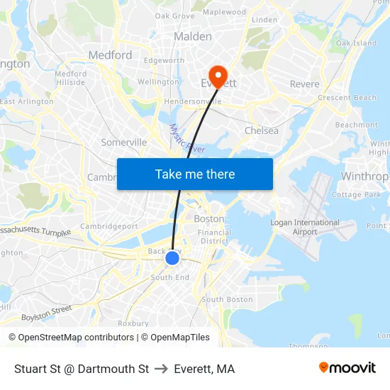 Stuart St @ Dartmouth St to Everett, MA map