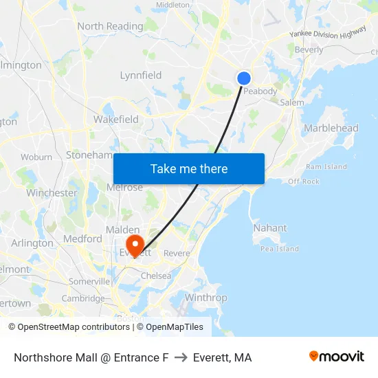 Northshore Mall @ Entrance F to Everett, MA map