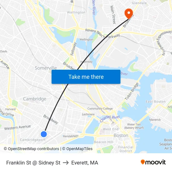 Franklin St @ Sidney St to Everett, MA map