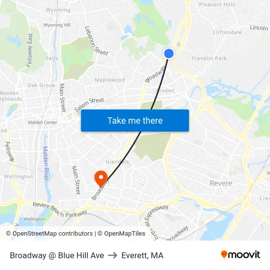 Broadway @ Blue Hill Ave to Everett, MA map