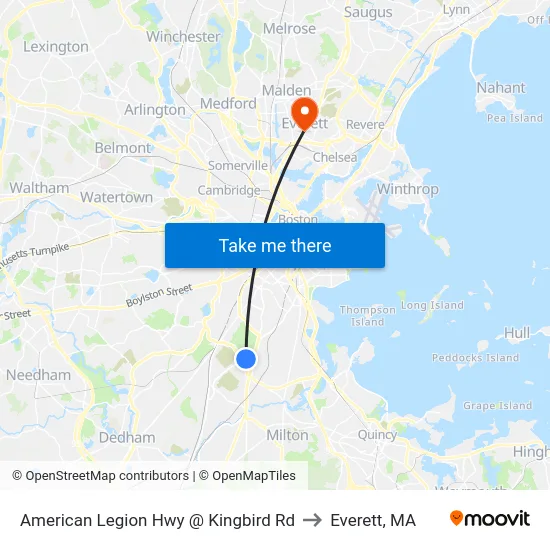 American Legion Hwy @ Kingbird Rd to Everett, MA map