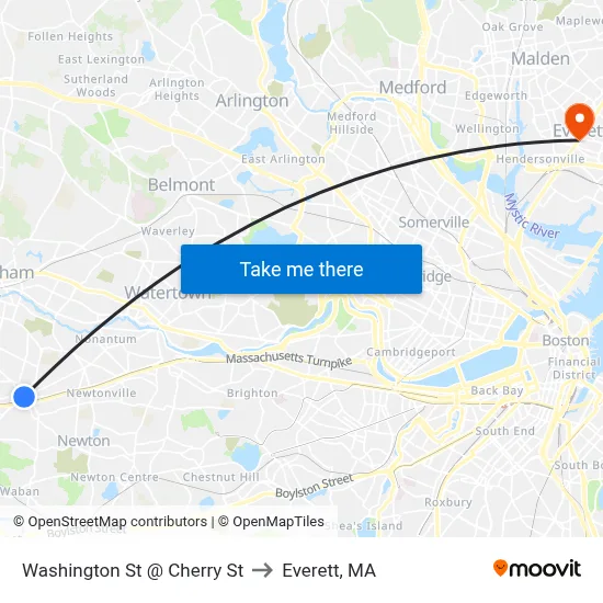 Washington St @ Cherry St to Everett, MA map