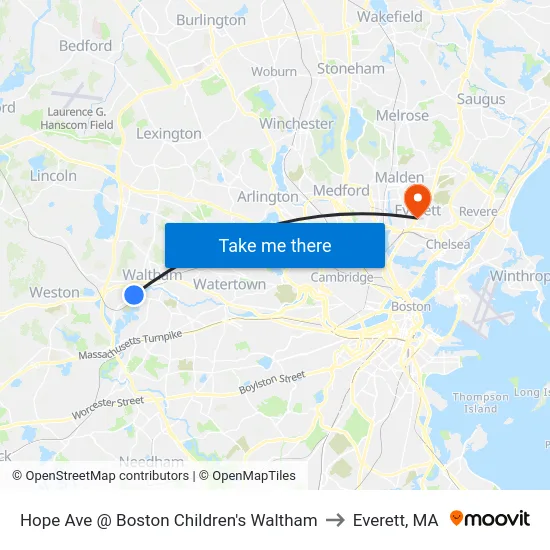 Hope Ave @ Boston Children's Waltham to Everett, MA map