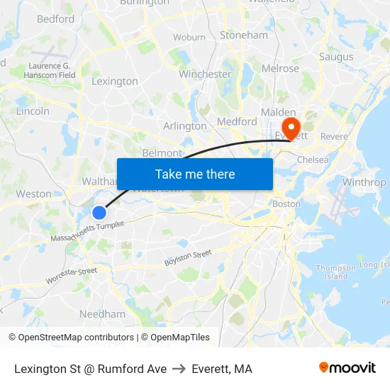 Lexington St @ Rumford Ave to Everett, MA map