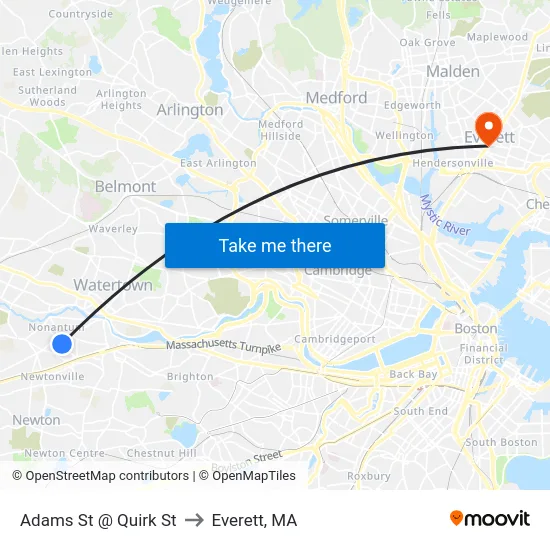 Adams St @ Quirk St to Everett, MA map
