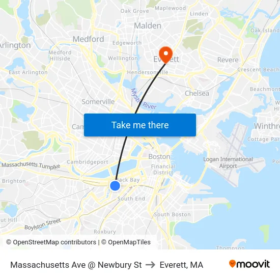 Massachusetts Ave @ Newbury St to Everett, MA map