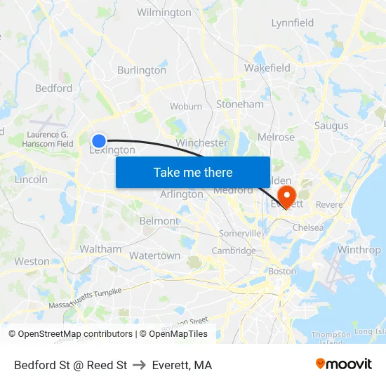 Bedford St @ Reed St to Everett, MA map