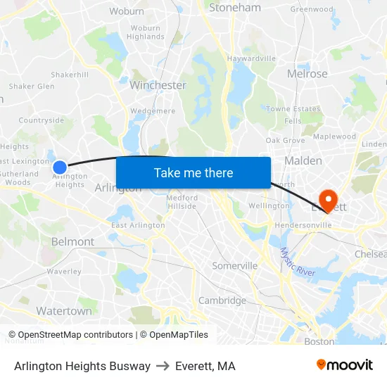 Arlington Heights Busway to Everett, MA map