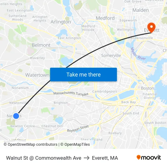 Walnut St @ Commonwealth Ave to Everett, MA map