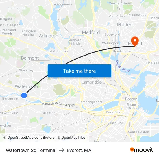 Watertown Sq Terminal to Everett, MA map