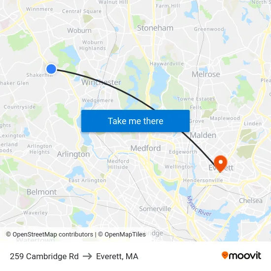 259 Cambridge Rd to Everett, MA map