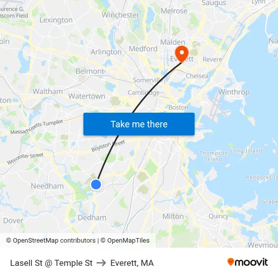 Lasell St @ Temple St to Everett, MA map