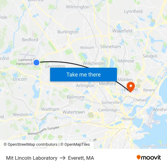 Mit Lincoln Laboratory to Everett, MA map