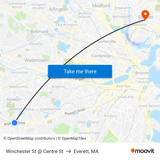 Winchester St @ Centre St to Everett, MA map
