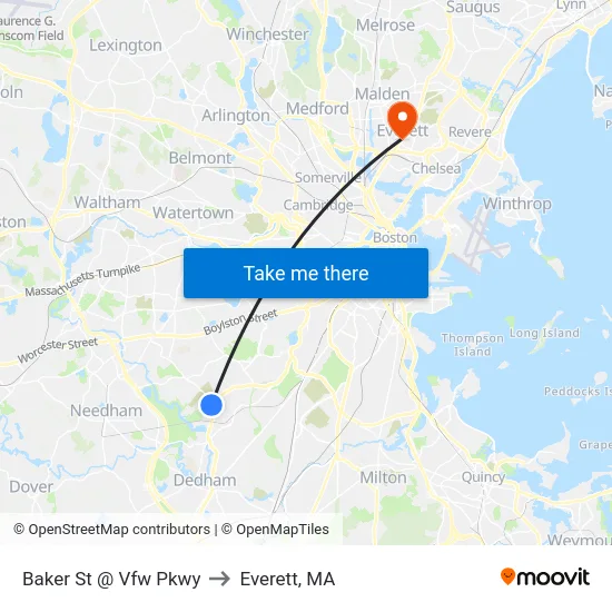 Baker St @ Vfw Pkwy to Everett, MA map