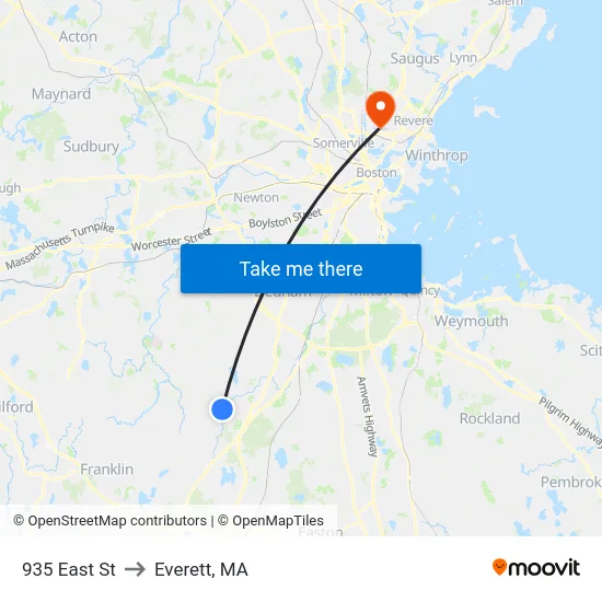 935 East St to Everett, MA map