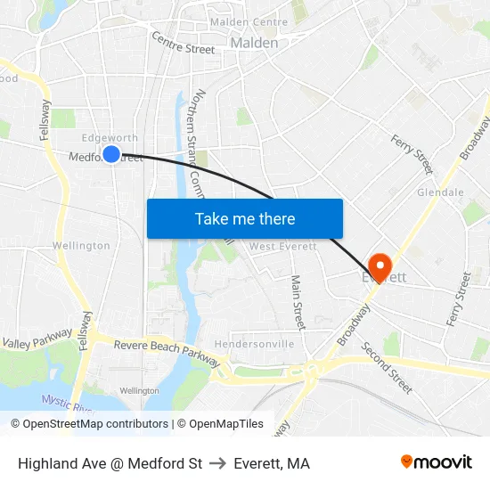 Highland Ave @ Medford St to Everett, MA map