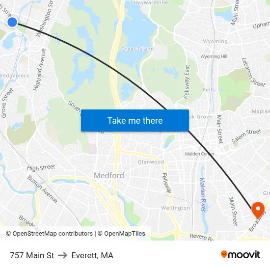 757 Main St to Everett, MA map