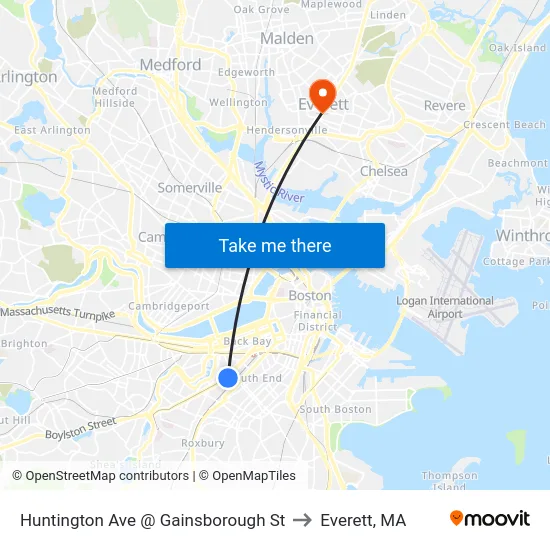 Huntington Ave @ Gainsborough St to Everett, MA map