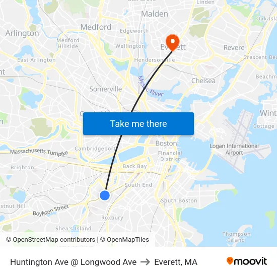 Huntington Ave @ Longwood Ave to Everett, MA map