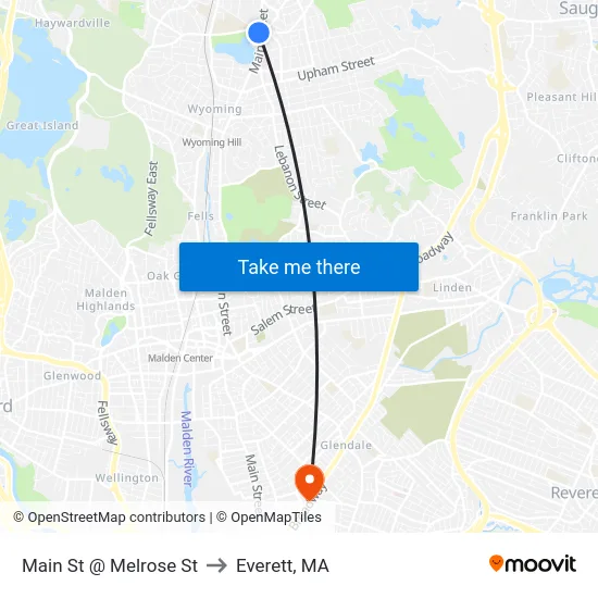 Main St @ Melrose St to Everett, MA map