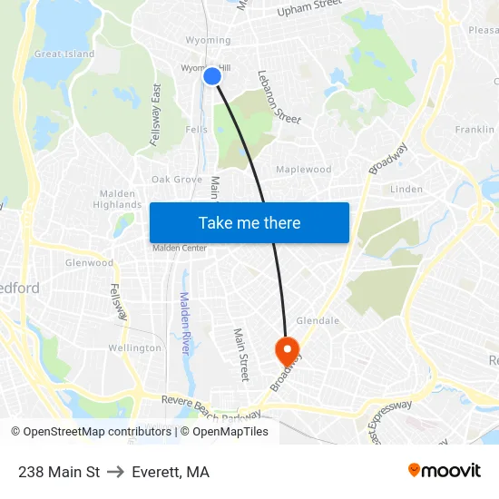 238 Main St to Everett, MA map